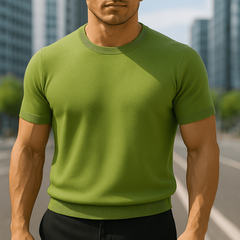 Męski lekki dzianinowy T-shirt z krótkim rękawem i okrągłym dekoltem – miękka bluzka z dzianiny w stylu smart casual na lato i na co dzień