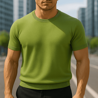 Męski lekki dzianinowy T-shirt z krótkim rękawem i okrągłym dekoltem – miękka bluzka z dzianiny w stylu smart casual na lato i na co dzień