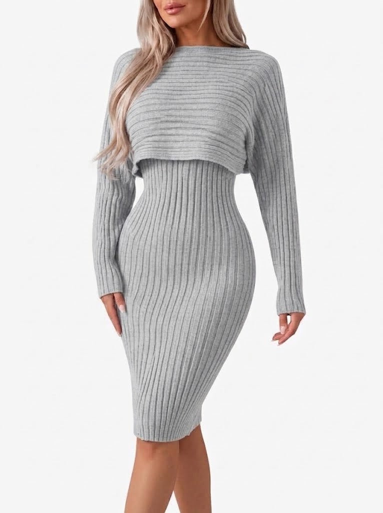 Conjunto de falda midi de 2 piezas de punto acanalado para mujer con top corto de manga larga y falda entallada - elegante conjunto para el trabajo, la ciudad y un estilo smart casual