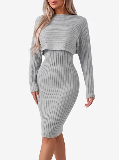 Conjunto de falda midi de 2 piezas de punto acanalado para mujer con top corto de manga larga y falda entallada - elegante conjunto para el trabajo, la ciudad y un estilo smart casual
