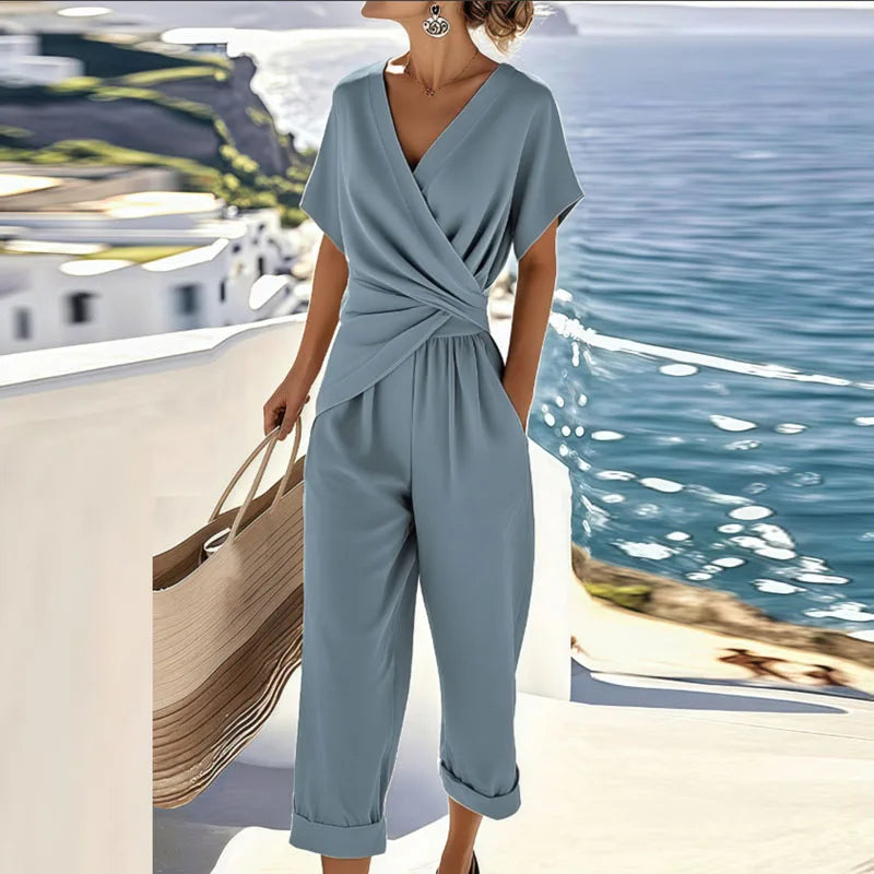 Women’s Jumpsuit with Draped V-Neckline – Relaxed Summer Design for Vacations, Everyday Wear, and Smart-Casual Style