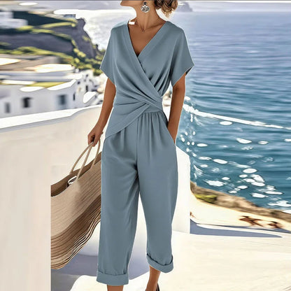 Women’s Jumpsuit with Draped V-Neckline – Relaxed Summer Design for Vacations, Everyday Wear, and Smart-Casual Style