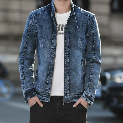 Chaqueta vaquera para hombre con cuello mao, cremallera y efecto desgastado - Chaqueta casual con bolsillos con cremallera para otoño, uso diario y ocio