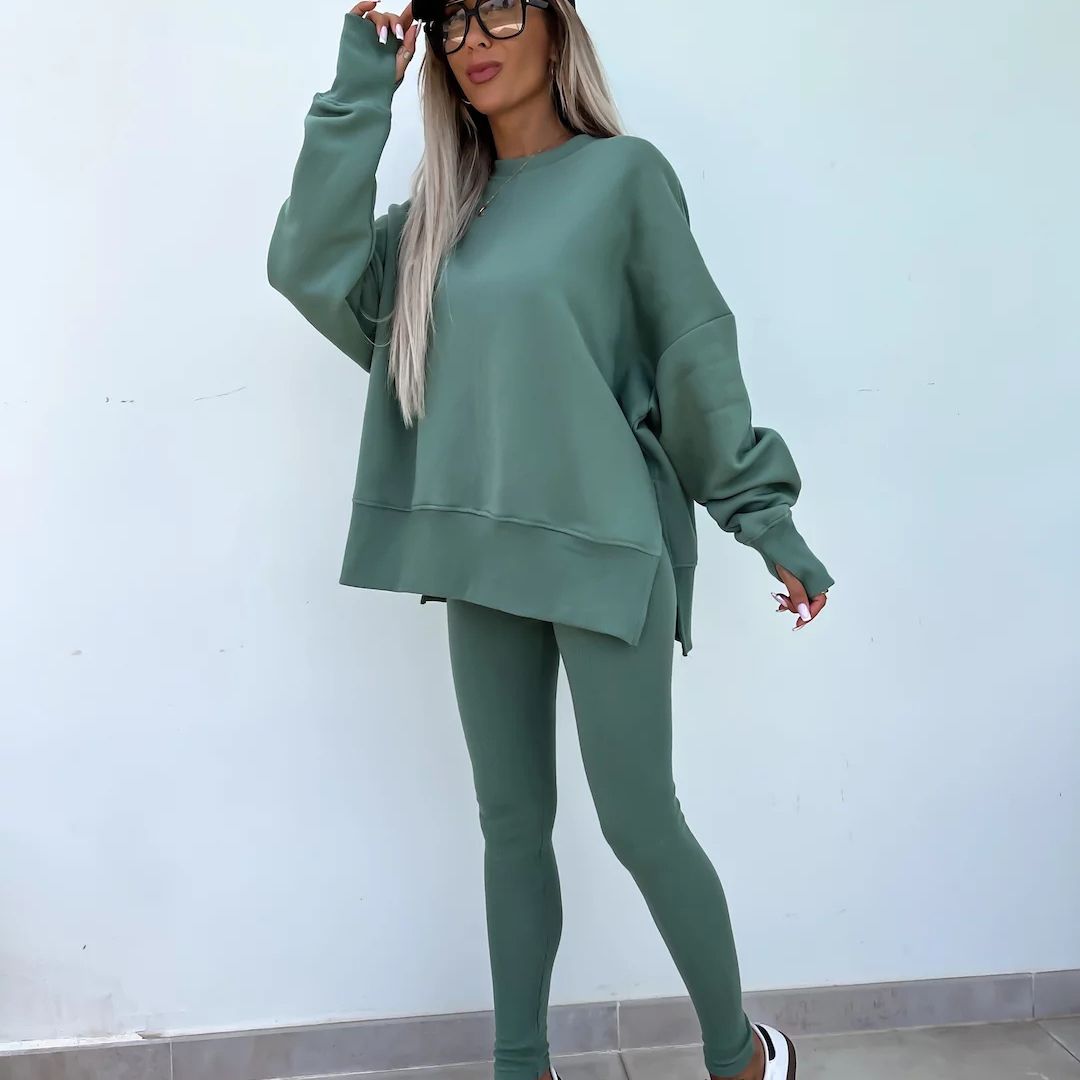 Dame Oversized Sweatshirt- Og Leggingssæt – Afslappet 2-delt Outfit Til Hverdagsbrug, Fritid Og Casual Stil