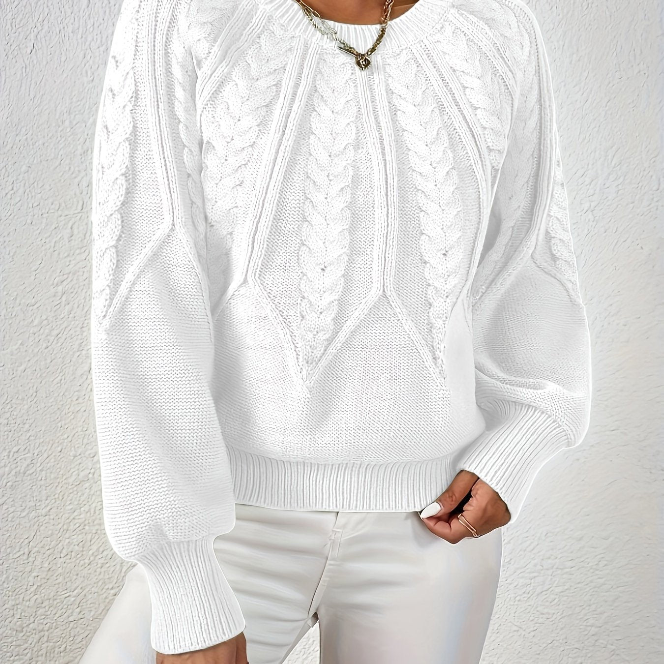 Dame Kabelstrikket Sweater Med Lanterneærmer Og Rund Hals