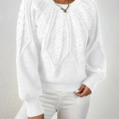 Dame Kabelstrikket Sweater Med Lanterneærmer Og Rund Hals