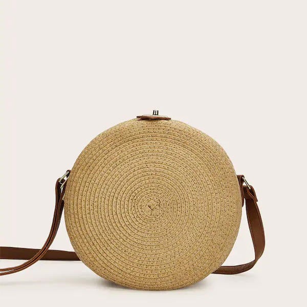 Women's Round Woven Straw Crossbody Bag with Long Adjustable Strap - Lightweight Summer Bag for Vacation, the Beach, Everyday Use, and Leisure