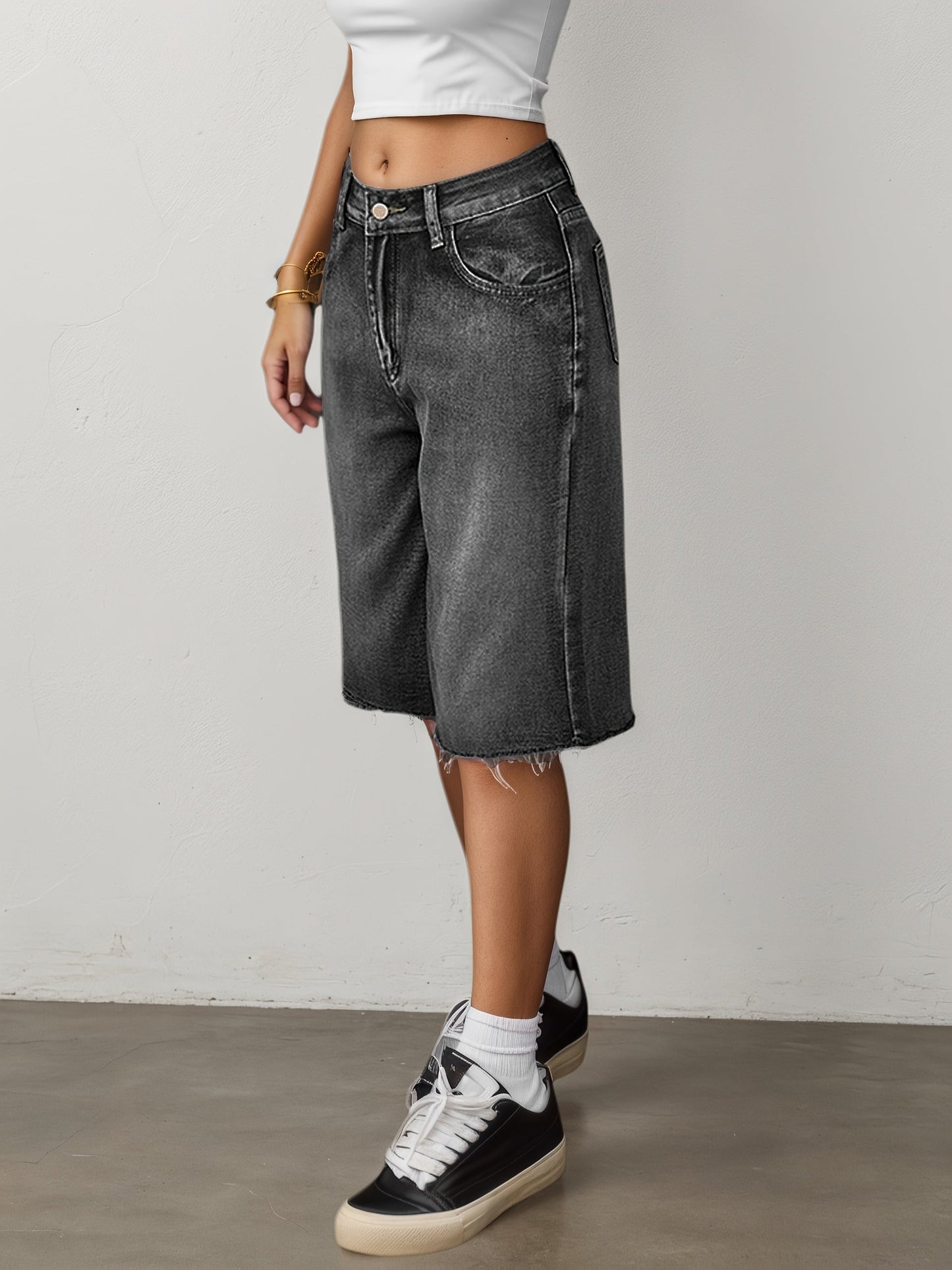 Dame Denimshorts Med Høj Talje Og Brede Ben – Afslappede Knælange Jorts Til Sommer, Ferie, Hverdagsbrug Og Casual Outfits