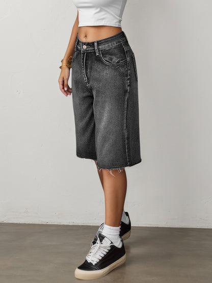 Dame Denimshorts Med Høj Talje Og Brede Ben – Afslappede Knælange Jorts Til Sommer, Ferie, Hverdagsbrug Og Casual Outfits