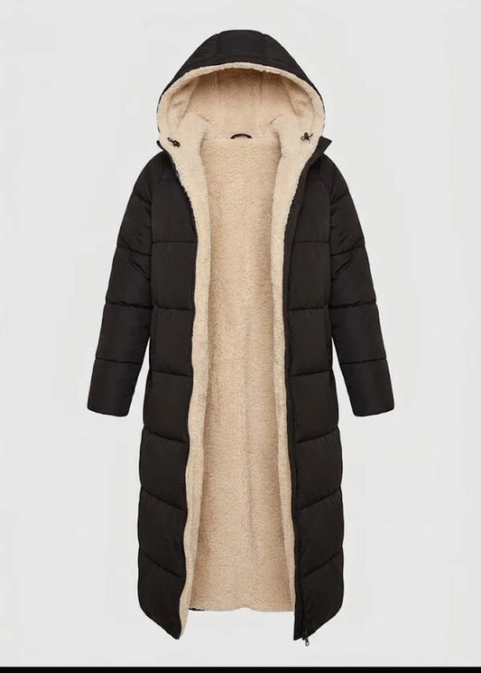 Women's Long Puffer Coat with Sherpa Lining and Hood – Warm Winter Outerwear for Cold Days, Everyday Wear, and Outdoor Use