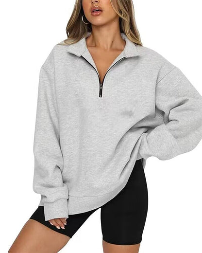 Dame Oversized Half-zip Sweatshirt Med Krave Og Lange Ærmer – Afslappet Pullover Til Hverdagsbrug, Fritid Og Lag-på-lag Styling