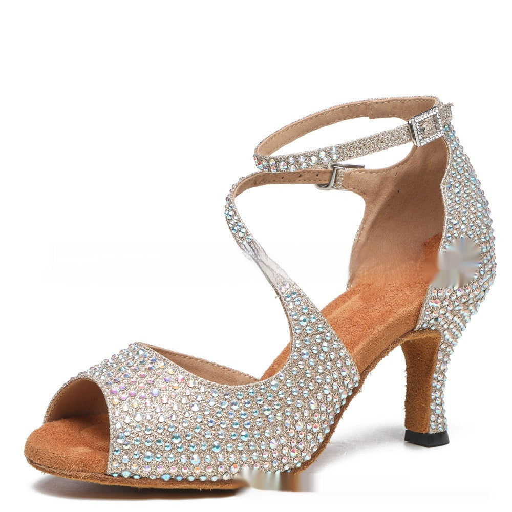 Women's Latin dance shoes with rhinestones and glittering cross straps - elegant ballroom sandals for salsa, dance performances, and evening events