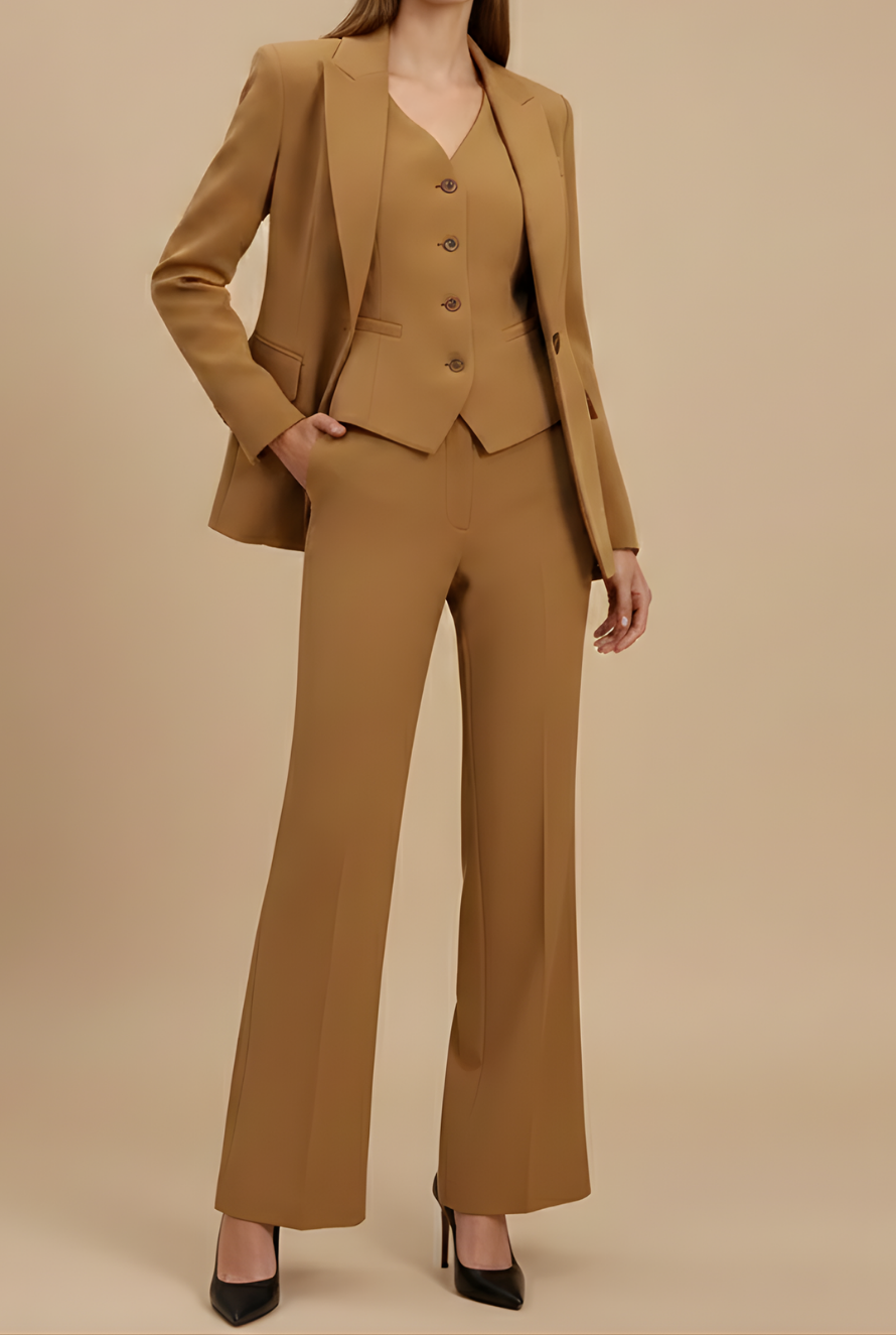 Women's three-piece suit with fitted blazer, vest, and flared trousers - an elegant set for business, formal events, and stylish occasions