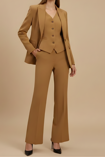 Women's three-piece suit with fitted blazer, vest, and flared trousers - an elegant set for business, formal events, and stylish occasions