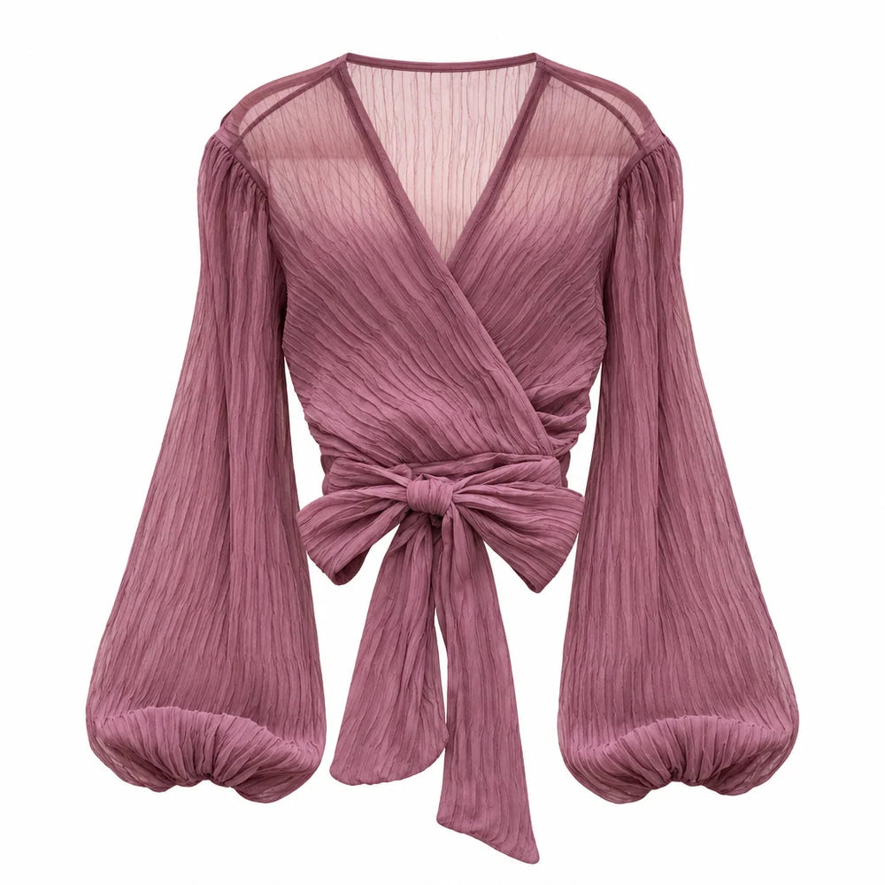 Women's wrap blouse with V-neck and pleated long sleeves - elegant top with a front tie for stylish everyday wear and smart-casual outfits