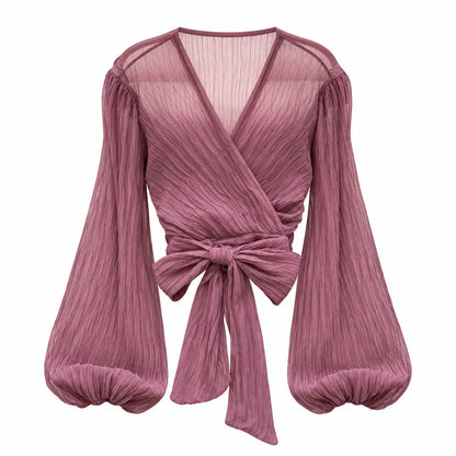 Women's wrap blouse with V-neck and pleated long sleeves - elegant top with a front tie for stylish everyday wear and smart-casual outfits
