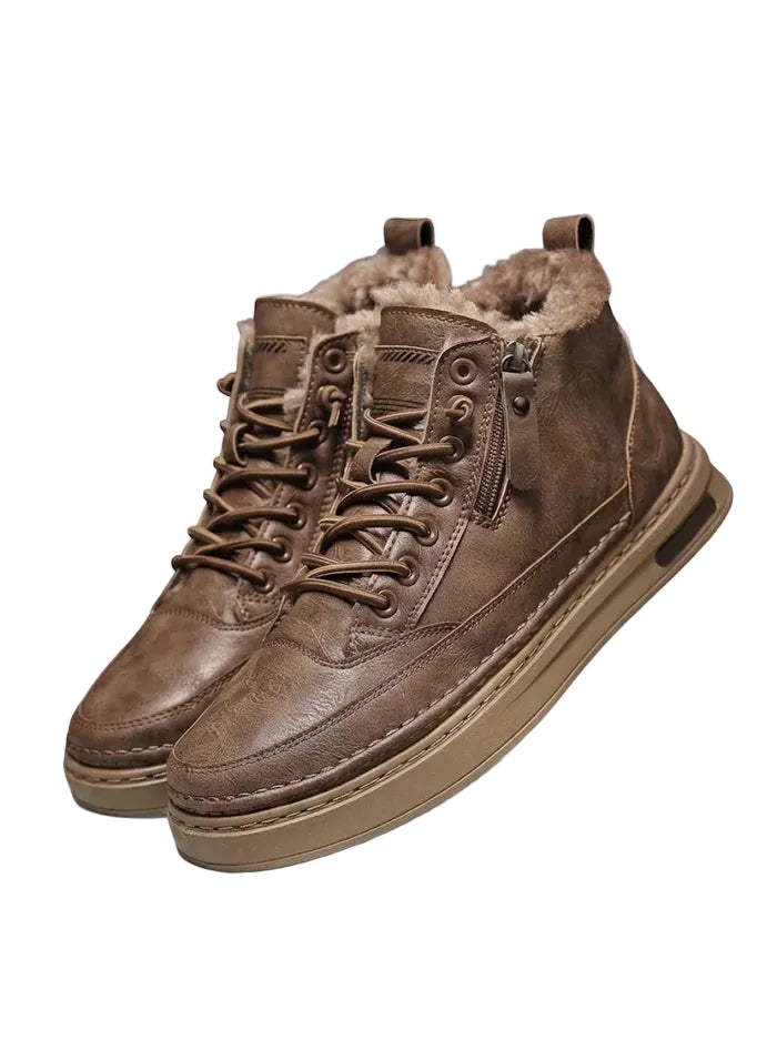 Botines de cuero para hombre con forro de piel, cordones y suela de plataforma - botas de invierno cálidas para días fríos, uso diario y tiempo libre