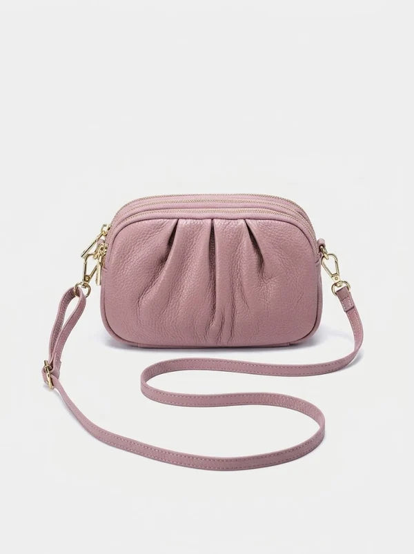 Dame Crossbody-taske I Ægte Læder Med Plisseret Design Og 3 Lynlåsrum – Kompakt Skuldertaske Til Hverdagsbrug, Arbejde Og Fritid