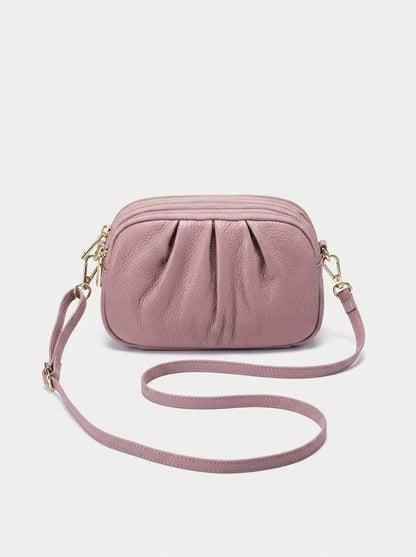 Dame Crossbody-taske I Ægte Læder Med Plisseret Design Og 3 Lynlåsrum – Kompakt Skuldertaske Til Hverdagsbrug, Arbejde Og Fritid