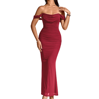 Women's Off-the-Shoulder Maxi Dress with Gathered Details - Fitted, Elegant Dress for Parties, Formal Events, and Romantic Evenings