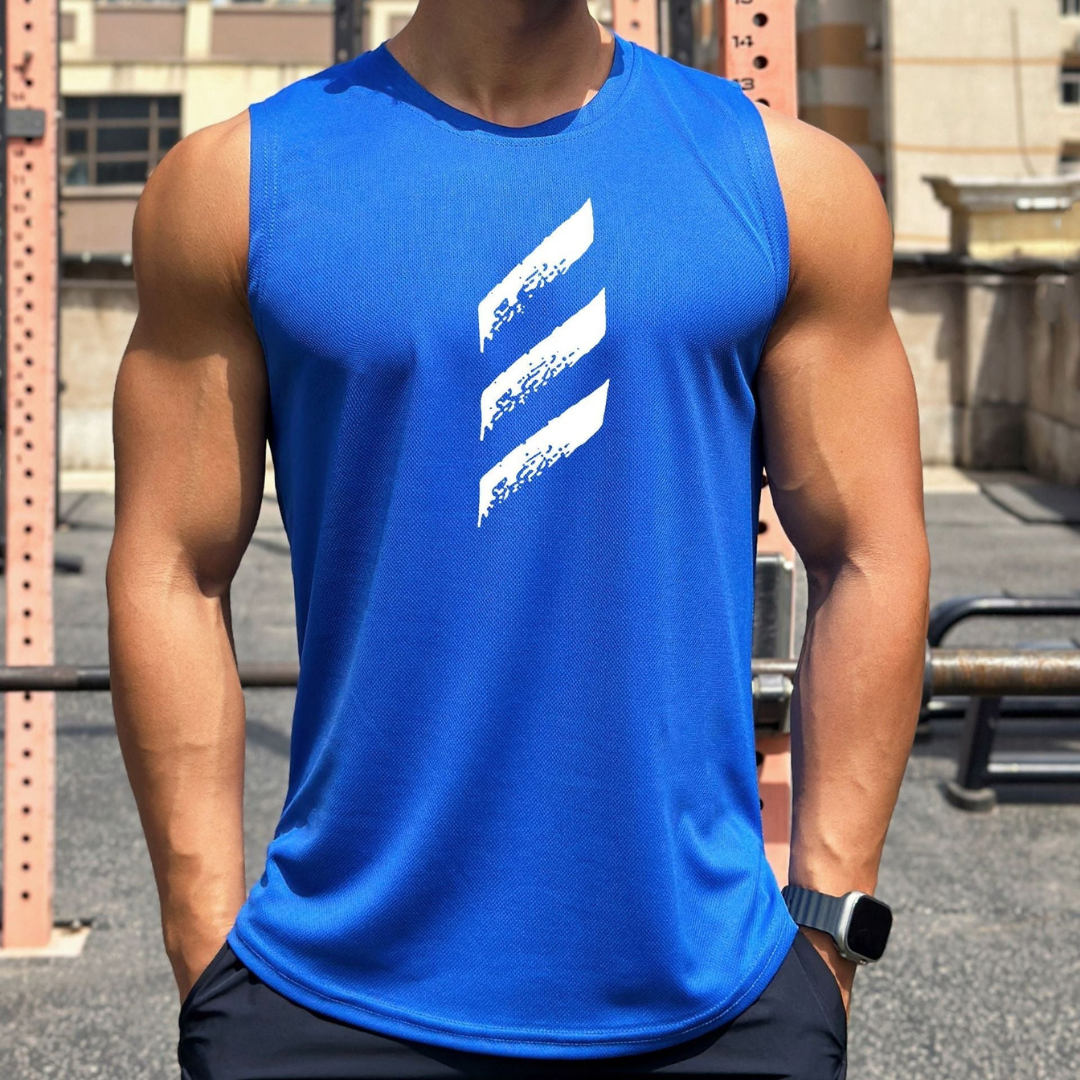 Top deportivo ligero sin mangas para hombre con cuello redondo y detalle gráfico frontal - Top deportivo de entrenamiento para fitness, correr, hacer deporte y disfrutar del tiempo libre