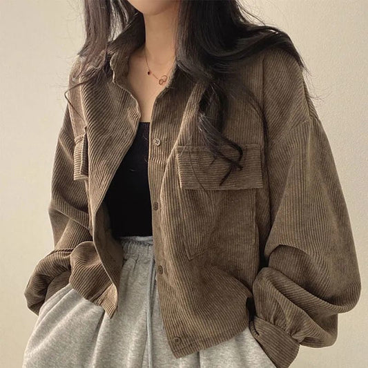 Women's Casual Corduroy Shacket with Button Closure - Casual Overshirt for Autumn, Winter, Everyday Wear and Leisure