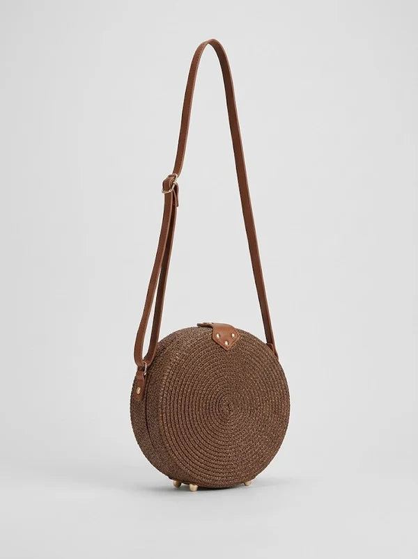 Women's Round Woven Straw Crossbody Bag with Long Adjustable Strap - Lightweight Summer Bag for Vacation, the Beach, Everyday Use, and Leisure