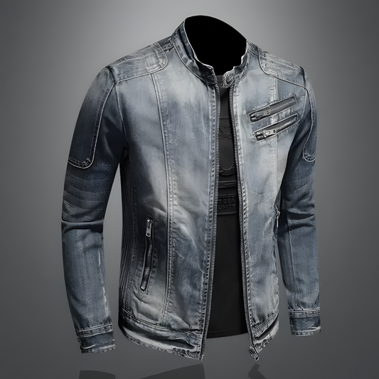 Maximilian™ | Vintage jeans jacketMen's vintage denim biker jacket with distressed look, stand collar and zipper - bold jacket with multiple zippered pockets for everyday wear, leisure and streetwear style