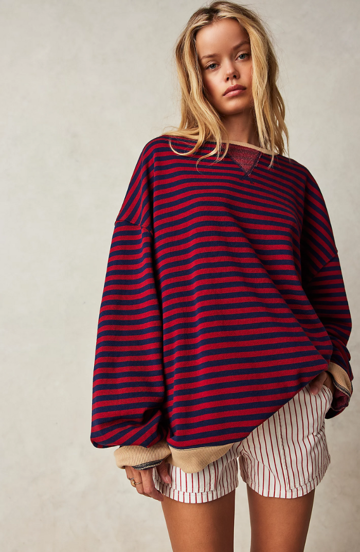 Women's Oversized Striped Sweatshirt with Dropped Shoulders - Relaxed Pullover for Everyday Wear, Leisure, and Layering