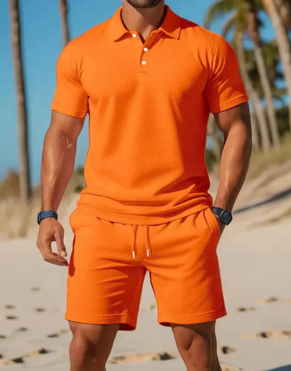 Herre Strikket Polo Og Shorts Co-Ord Sæt Til Hverdag Og Ferie