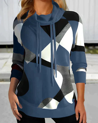 Dame Abstrakt Color-block Sweatshirt Med Cowl-hals – Afslappet Pullover Til Hverdagsbrug, Fritid Og Moderne Stil