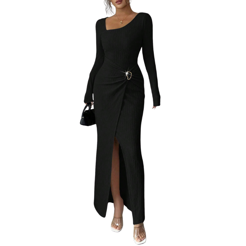 Maxivestido ajustado para mujer con fruncidos, escote cuadrado y abertura - Elegante vestido de manga larga para fiestas y eventos nocturnos