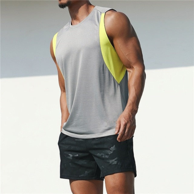 Camiseta deportiva color block para hombre, sin mangas, con cuello redondo y amplias sisas - camiseta de tirantes informal para entrenamiento, fitness, running y tiempo libre