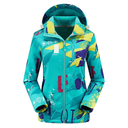 Women's Patterned Softshell Jacket with Hood - Warm, Windproof, and Waterproof Jacket for Hiking, Winter, and Outdoor Activities