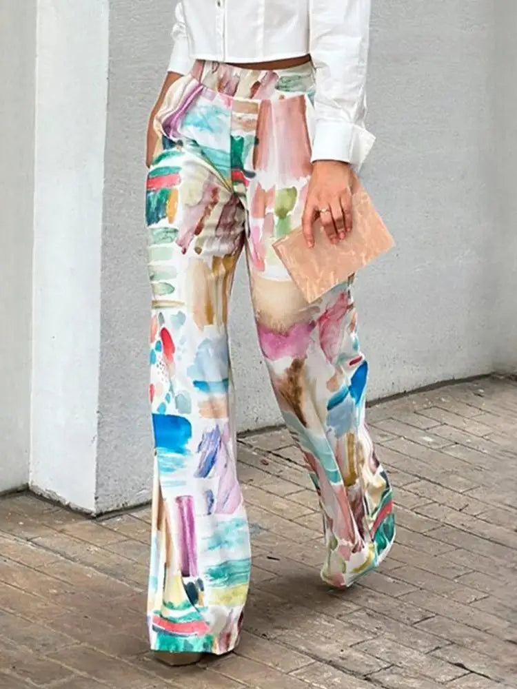 Women's Printed Cotton-Blend High-Waisted Wide-Leg Pants - Lightweight, Relaxed Style for Spring and Summer