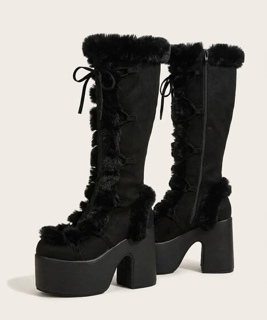 Women's Knee-High Suede Snow Boots with Plush Lining, Platform Sole and Laces – Warm Winter Boots with Block Heel for Cold Days and Outdoor Use