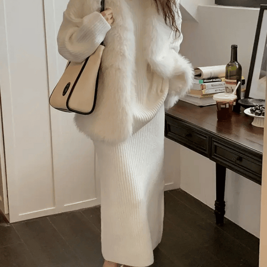 Set damă oversized, tricotat cu nervuri, 2 piese, cu pulover și fustă cu talie medie - set tricotat călduros pentru toamnă, iarnă, purtare zilnică și timp liber