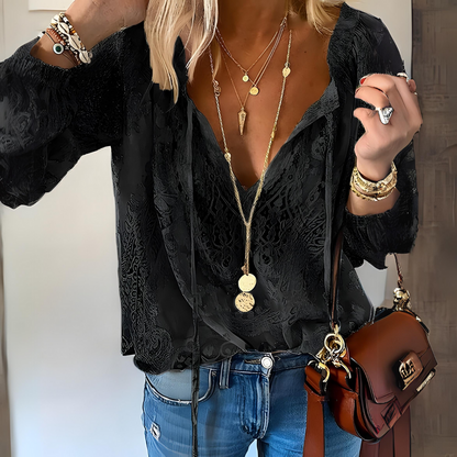 Women's lace blouse with a neck tie and sheer long sleeves - romantic top with embroidered details for elegant outfits and special occasions