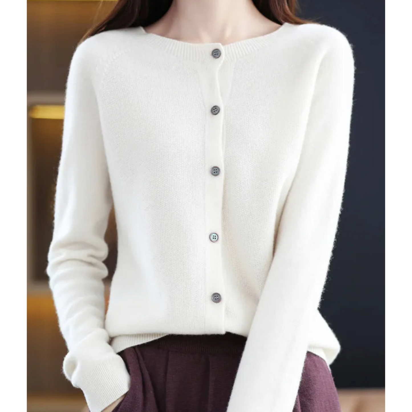 Cardigan de damă din lână merinos și cașmir – tricot elegant cu guler rotund pentru iarnă, birou, purtare zilnică și ocazii festive