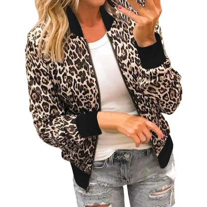 Damska bomberka w leopardzi wzór, zapinana na zamek, ze ściągaczami – lekka kurtka na co dzień, na czas wolny i w stylu streetwear