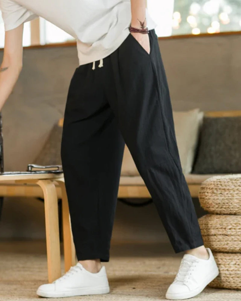 Men's Casual Cotton Trousers with Drawstring Closure and Tapered Fit – Comfortable Trousers for Everyday Wear, Leisure, Vacations, and Smart Casual Style