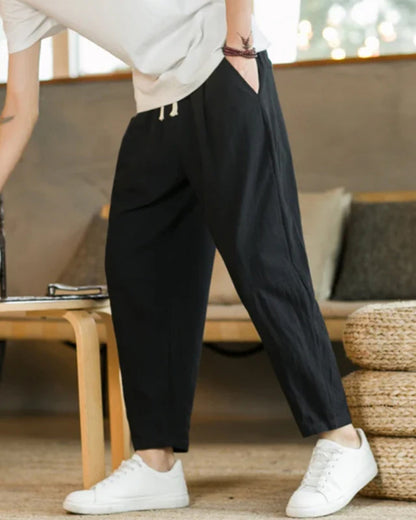 Men's Casual Cotton Trousers with Drawstring Closure and Tapered Fit – Comfortable Trousers for Everyday Wear, Leisure, Vacations, and Smart Casual Style