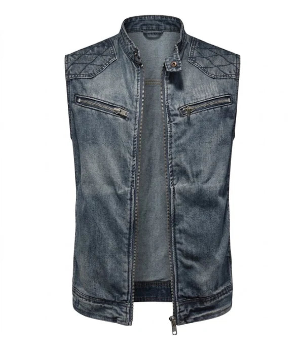 Chaleco biker vaquero desgastado para hombre con cremallera, hombros acolchados y bolsillos en el pecho - Chaleco llamativo para uso diario, ocio y estilo urbano
