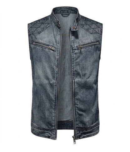 Chaleco biker vaquero desgastado para hombre con cremallera, hombros acolchados y bolsillos en el pecho - Chaleco llamativo para uso diario, ocio y estilo urbano
