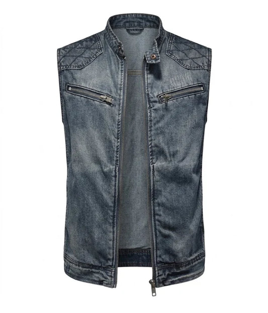Vestă biker din denim prespălat pentru bărbați, cu fermoar, umeri matlasați și buzunare la piept – vestă distinctivă pentru purtare zilnică, timp liber și stil streetwear