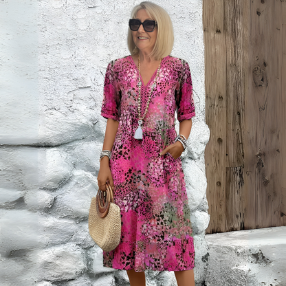 Women's Printed Midi Dress with V-Neck – Casual Dress for Everyday Wear, Holidays, Leisure, and Smart Casual Style