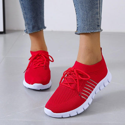 Women's Lightweight Knit Sneakers with Laces and Breathable Design – Flexible Training Shoes with Segmented Soles for Everyday Wear, Fitness and Leisure