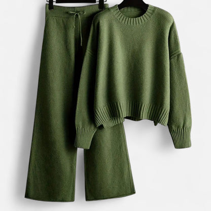 Conjunto de punto de 2 piezas para mujer con suéter y pantalones de pierna ancha - Conjunto elegante para otoño, invierno, uso diario y estilo smart casual