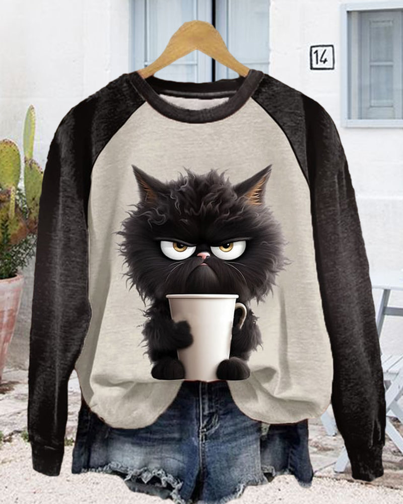 Dame Sweatshirt Med Grumpy Cat- Og Kaffeprint Samt Raglanærmer – Afslappet Pullover Til Efterår, Hverdagsbrug Og Casual Stil