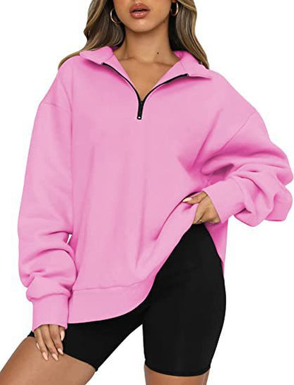 Dame Oversized Half-zip Sweatshirt Med Krave Og Lange Ærmer – Afslappet Pullover Til Hverdagsbrug, Fritid Og Lag-på-lag Styling